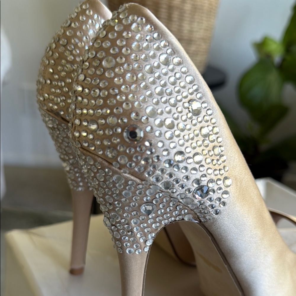 Beige satin open toe pumps with rhinestones Aldo.